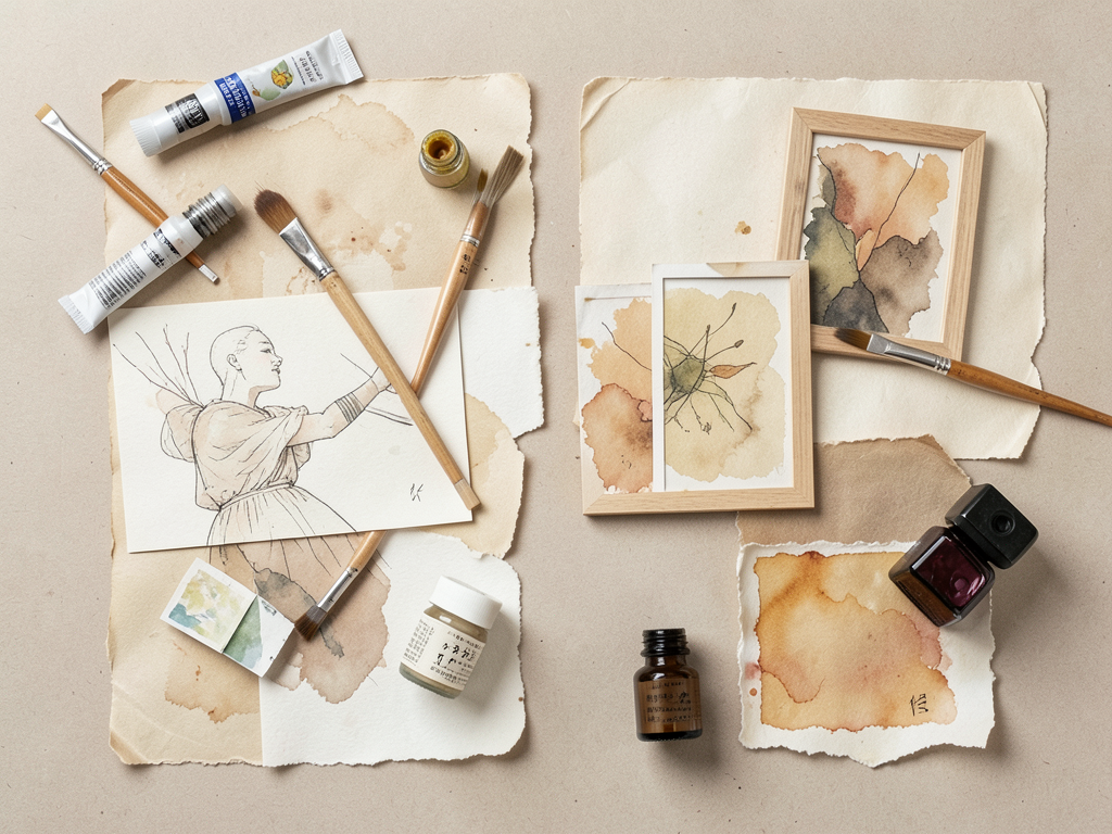 画材について collage style thumbnail flat lay arrangement of artist tools and artworks watercolor painting proces 44d80382 b7e9 45a4 972c 9b060838427a